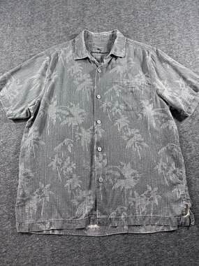 Tommy Bahama Gray Palm Tree Print Silk Blend Hawaiian Button Up Shirt Size L